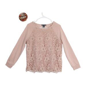 Adrianna Papell M Pink Lace Front Knit Top Long Sleeve Pullover Sweater Blouse
